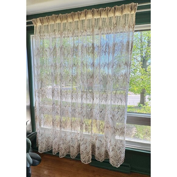 Vintage 70s net woven curtain, beige, tan, cream wavy pattern, pleated panel - Picture 1 of 10